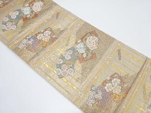 横段に地紙・扇・草花模様織り出し袋帯